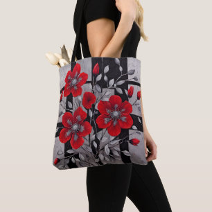Tote Bag Carrés noirs et argentés avec fleurs rouges