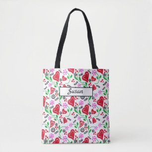 Tote Bag Carres rouges Fleurs roses Fourre-tout