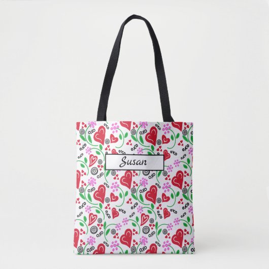 Tote Bag Carres rouges Fleurs roses Fourre-tout (Devant)
