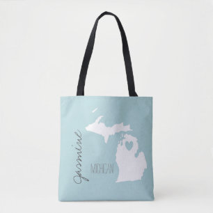 Tote Bag Carte du Michigan avec nom personnalisé du coeur