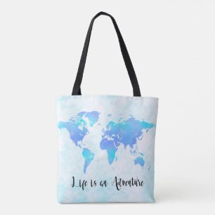 Tote Bag Carte du monde Purple & Blue La vie est une aventu