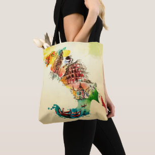 Tote Bag Carte Italie vintage City Travel Love Aquarelle