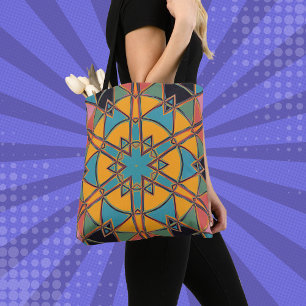 Tote Bag Carton Mandala bleu jaune et orange