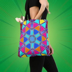 Tote Bag Carton Mandala bleu rose jaune et orange