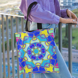 Tote Bag Carton Mandala Flower bleu jaune et rose