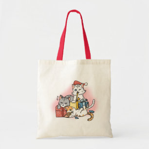 Tote Bag Cartoon rouge mignon Noël Kittens unwrap Cadeaux