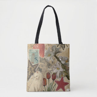 Tote Bag Cat Floral Collage Pattern – Cute Artistic Design