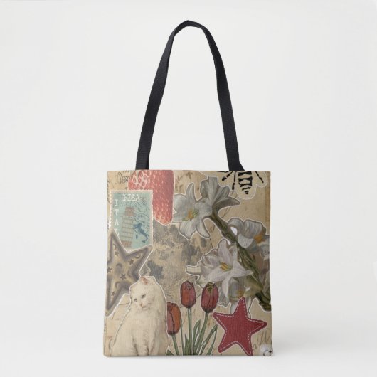 Tote Bag Cat Floral Collage Pattern – Cute Artistic Design (Devant)