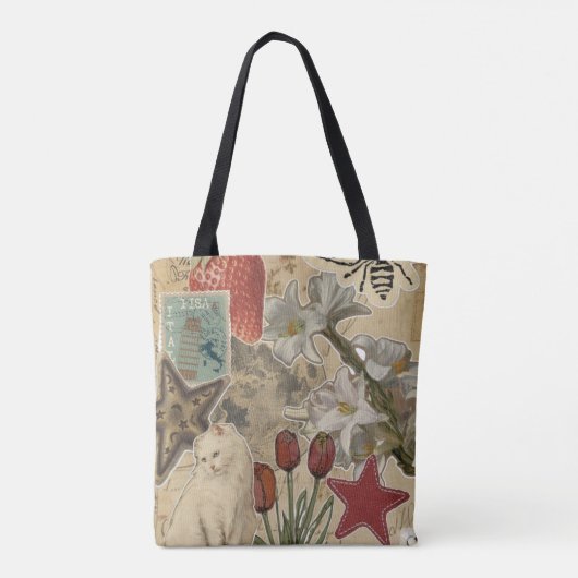 Tote Bag Cat Floral Collage Pattern – Cute Artistic Design (Dos)