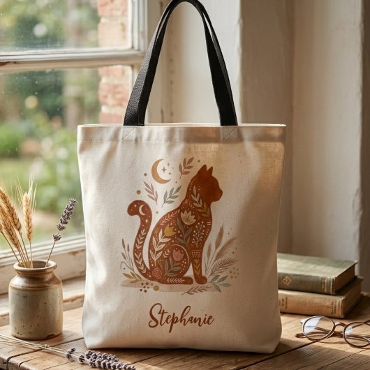 Tote Bag Cat Folk Art – Celestial Feline Mama Gift