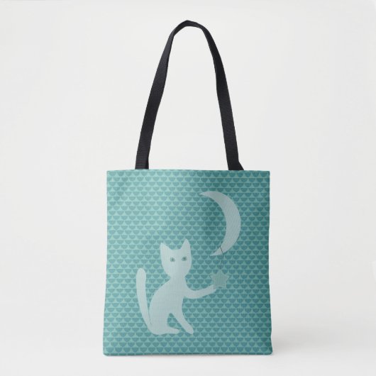 Tote Bag Cat playing with Moon and Star Teal (Devant)