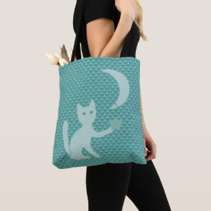 Tote Bag Cat playing with Moon and Star Teal