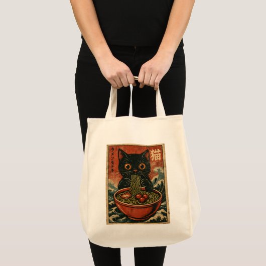 Tote Bag Cat Ramen Japonais drôle Graphisme Kawaii Cat Anim (Devant (produit))