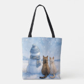 Tote Bag Cats Sitting With a Snowman In a Field (Dos)