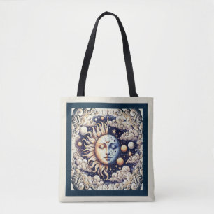 Tote Bag Céleste Vintage Demi Soleil & Lune Bleu Jaune