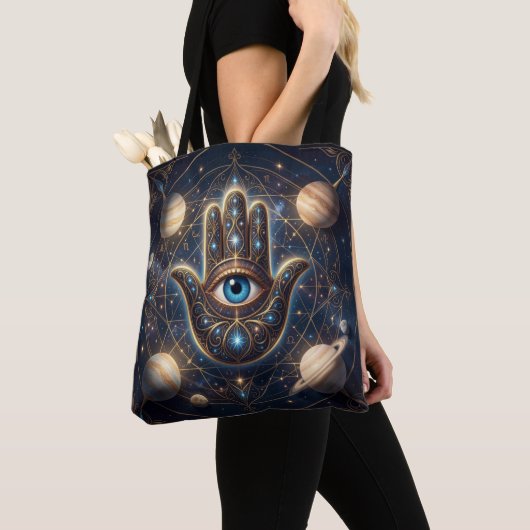 Tote Bag Celestial Hamsa Hand & Evil Eye Cosmic Protection  (De près)