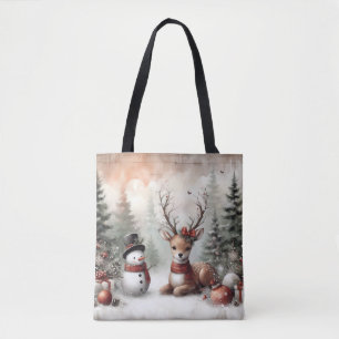 Tote Bag Cerf/bonhomme de neige de Noël classique en forêt