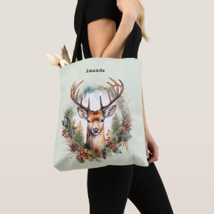 Tote Bag Cerf Brun avec Bois Noël Rustique de Noël