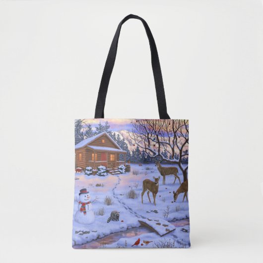 Tote Bag Cerf Cabine D'Hiver Dans La Scène De Noël De Neige (Devant)