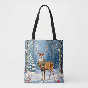 Tote Bag Cerf de Noël en forêt d'hiver festive