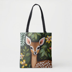 Tote Bag Cerf mignon avec Feuilles et fleurs