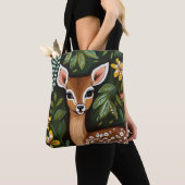 Tote Bag Cerf mignon avec Feuilles et fleurs (De près)