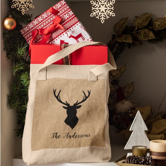 Tote Bag Cerf noir rustique | Kraft | Nom de famille