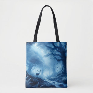 Tote Bag Cerfs dans une forêt sombre de brume bleue