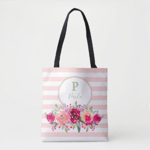 Tote Bag Cerise Aquarelle Florale Monogramme sur bandes ros