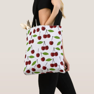 Tote Bag Cerise Rouge, Motif De Cerises, Feuilles, Fruits