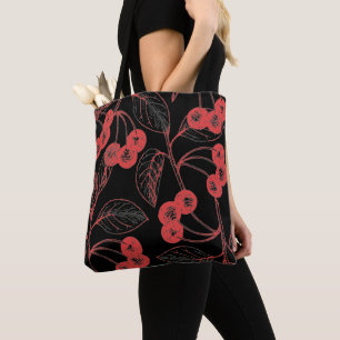 Tote Bag Cerises et feuilles rouges sur fond noir