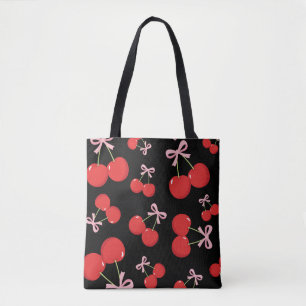 Tote Bag Cerises Rouges avec Nœud Rose Coquette Cottage Chi