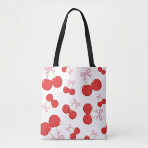 Tote Bag Cerises Rouges avec Nœud Rose Coquette Cottage Chi