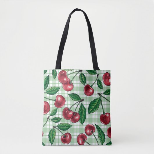 Tote Bag Cerises rouges sur en vichy vert clair (Devant)