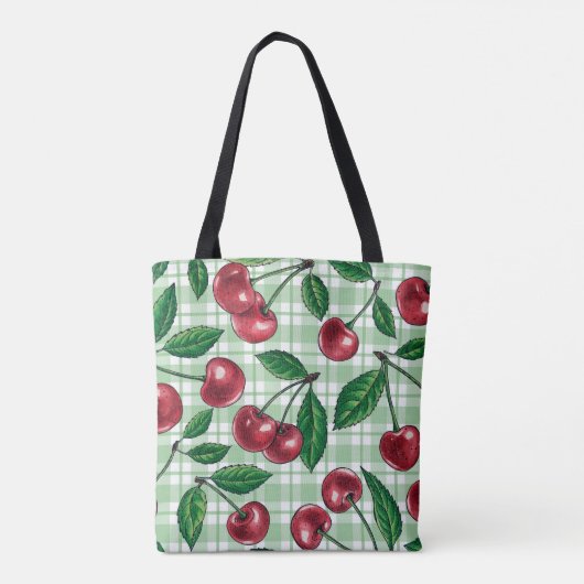 Tote Bag Cerises rouges sur en vichy vert clair (Dos)