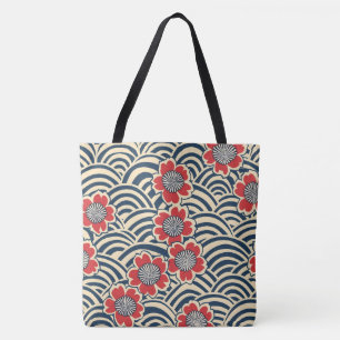 Tote Bag Cerisier Rouge Sakura Navy Vague Crème Motif Japon