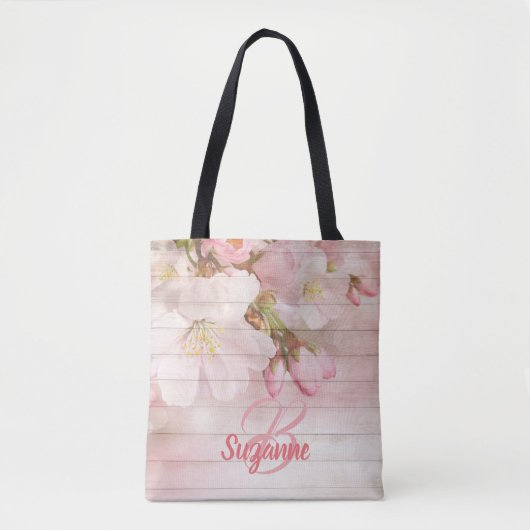 Tote Bag Cerisiers roses monogrammes en fleurs de girly pas (Devant)
