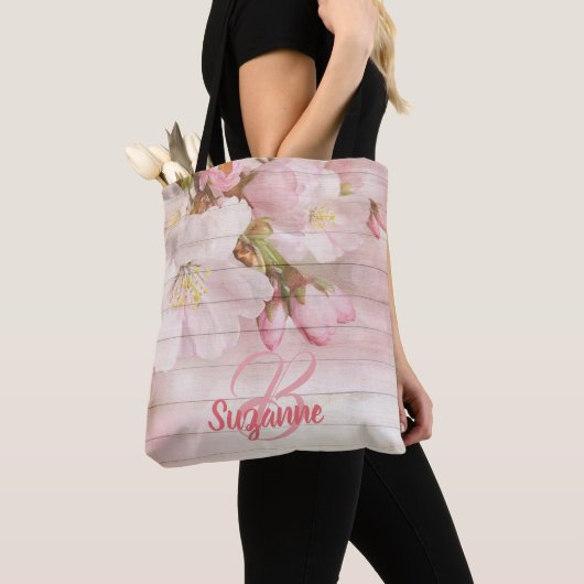 Tote Bag Cerisiers roses monogrammes en fleurs de girly pas (De près)