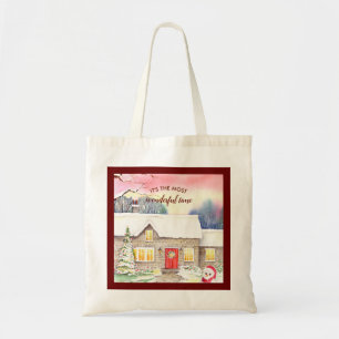 Tote Bag Chalet neigeux Aquarelle Peinture Temps de Noël
