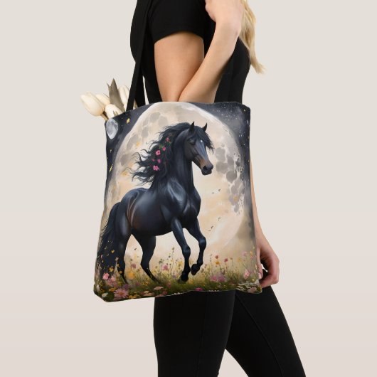 Tote Bag Champ de fleur de lune de cheval noir, (De près)