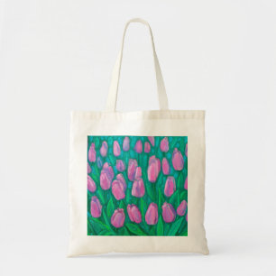 Tote Bag Champ de tulipes roses, Fleurs de printemps peintu