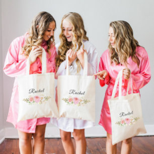 Tote Bag Champagne Floral Mariage Demoiselle d'honneur Nom