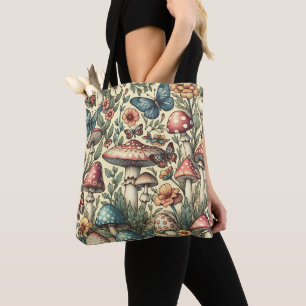 Tote Bag Champignons vintages, Fleurs, Papillons Whimsical