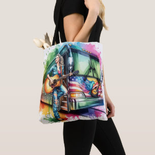 Tote Bag Chanteur coloré avec guitare et Tour Bus