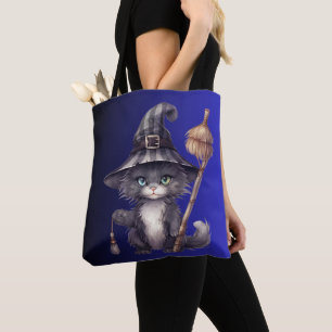Tote Bag Chapeau de Sorcière Chat Noir Balai Ombre Bleue Ha