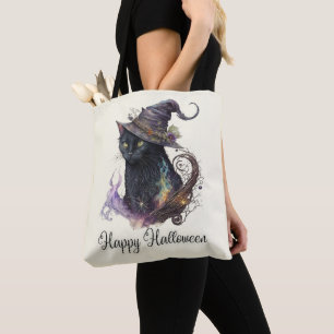 Tote Bag Chapeau de Sorcière Chat Noir Jaune Joyeux Hallowe
