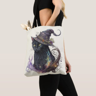 Tote Bag Chapeau de sorcière de chat noir jaune Halloween