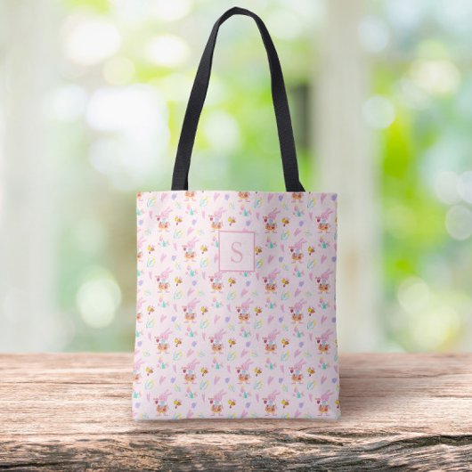 Tote Bag charmant jardin de lapin rose pâle motif Monogram