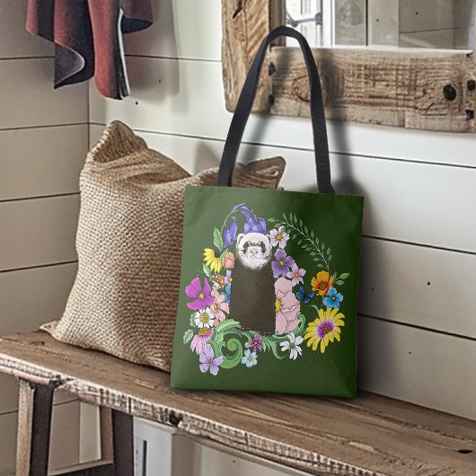 Tote Bag Charme Chocolat Sable Ferret Floral Vert