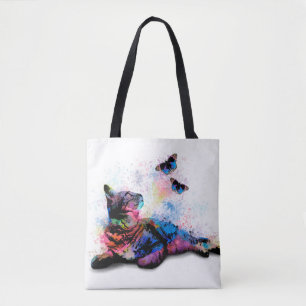 Tote Bag Chat 614 papillon bleu rose